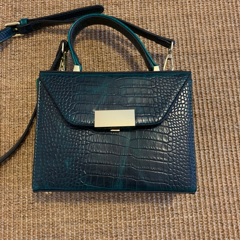Emerald green crocodile embossed leather handbag